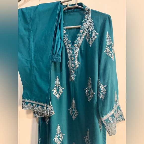M. BASICS By MARIA. B. Elegant Teal Embroidered Suit - Picture 8 of 16